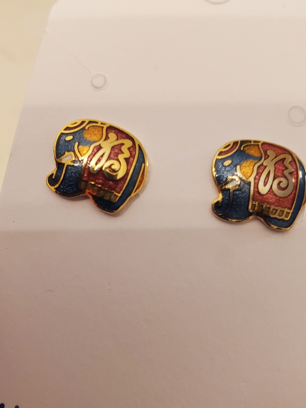 Elephant Cloisonne Enamel Stud Earrings - Blue, Red & Gold